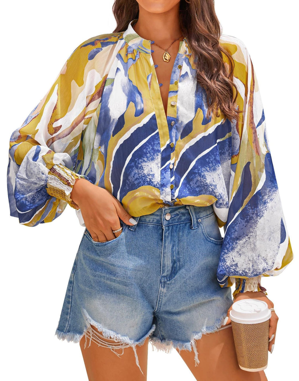 Women's Blouse with Artistic Print and Gathered Sleeves