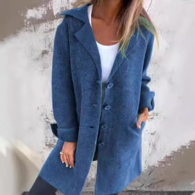 Women's Elegant Oversized Wool Coat with Full Button Placket and Practical Pockets