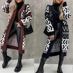 Women's Chunky Knit Cardigan with Graphic Pattern and Open Front