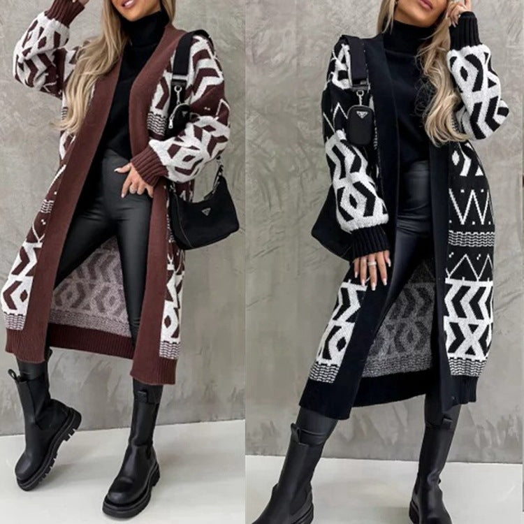 Women's Chunky Knit Cardigan with Graphic Pattern and Open Front
