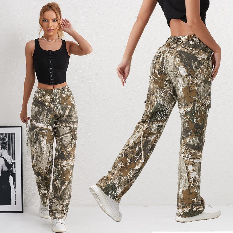 Women's Camouflage Cargo Pants with Side Pockets and Elastic Waistband