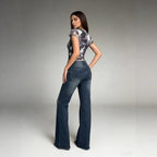 Women's High-Waisted Flared Jeans with Frayed Hem
