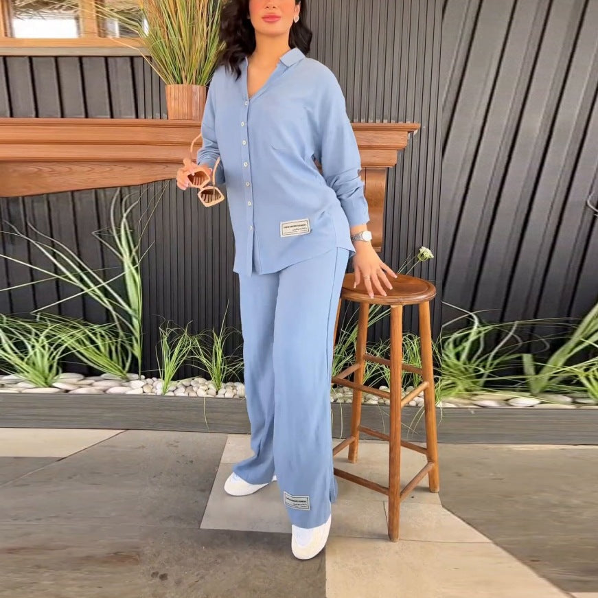 Women's Comfortable Lounge Set with Elegant Blouse and Wide Pants