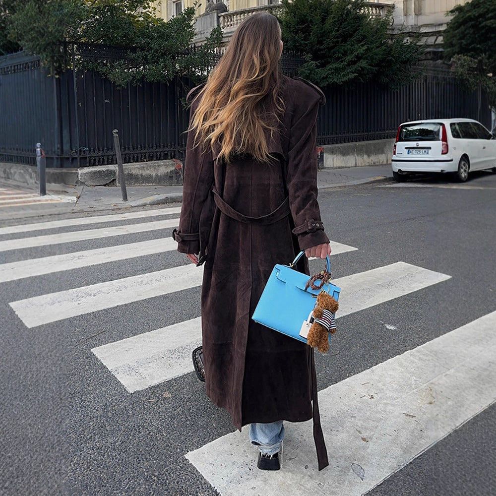 Women's Suede Trench Coat with Wide Collar