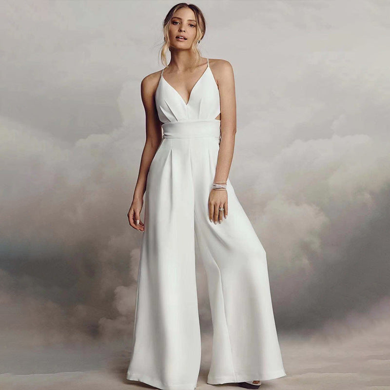 Women's V-Neck Jumpsuit with Flowing Legs