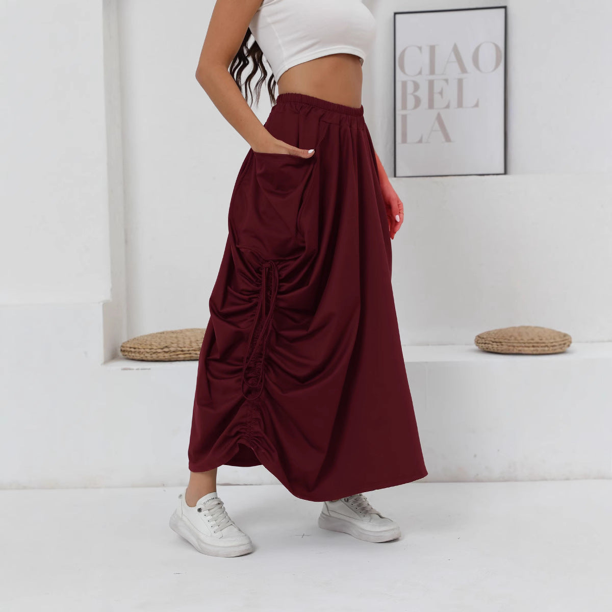 Women's Maxi Skirt with Side Ruching and Pockets
