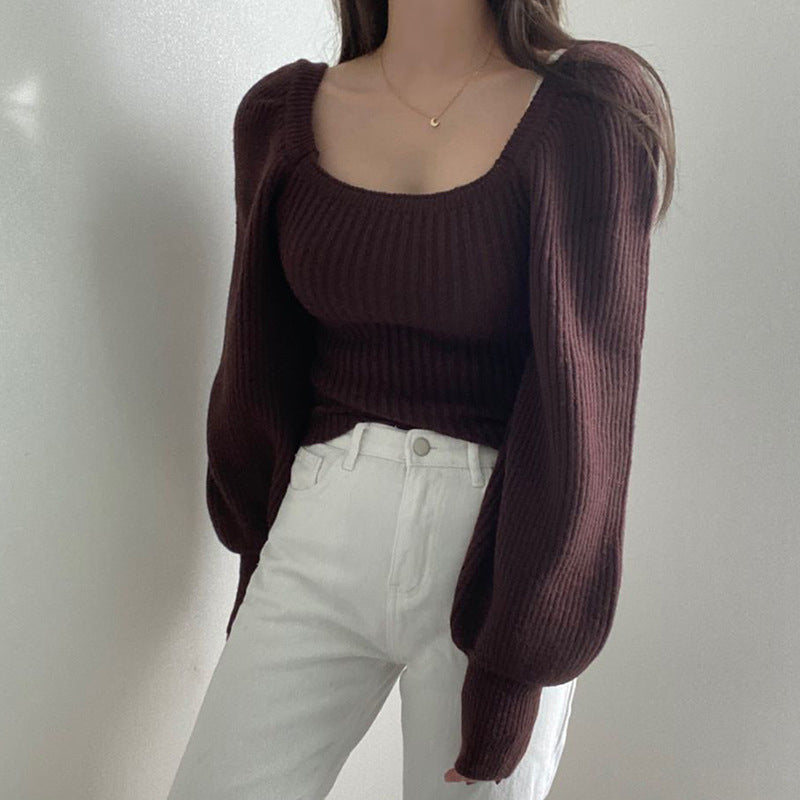 Women's Cropped Sweater with Voluminous Sleeves and Ribbed Texture