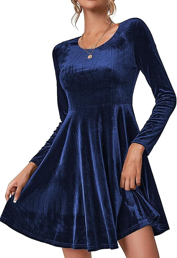 Women's Velvet A-Line Dress with Long Sleeves and Round Neck