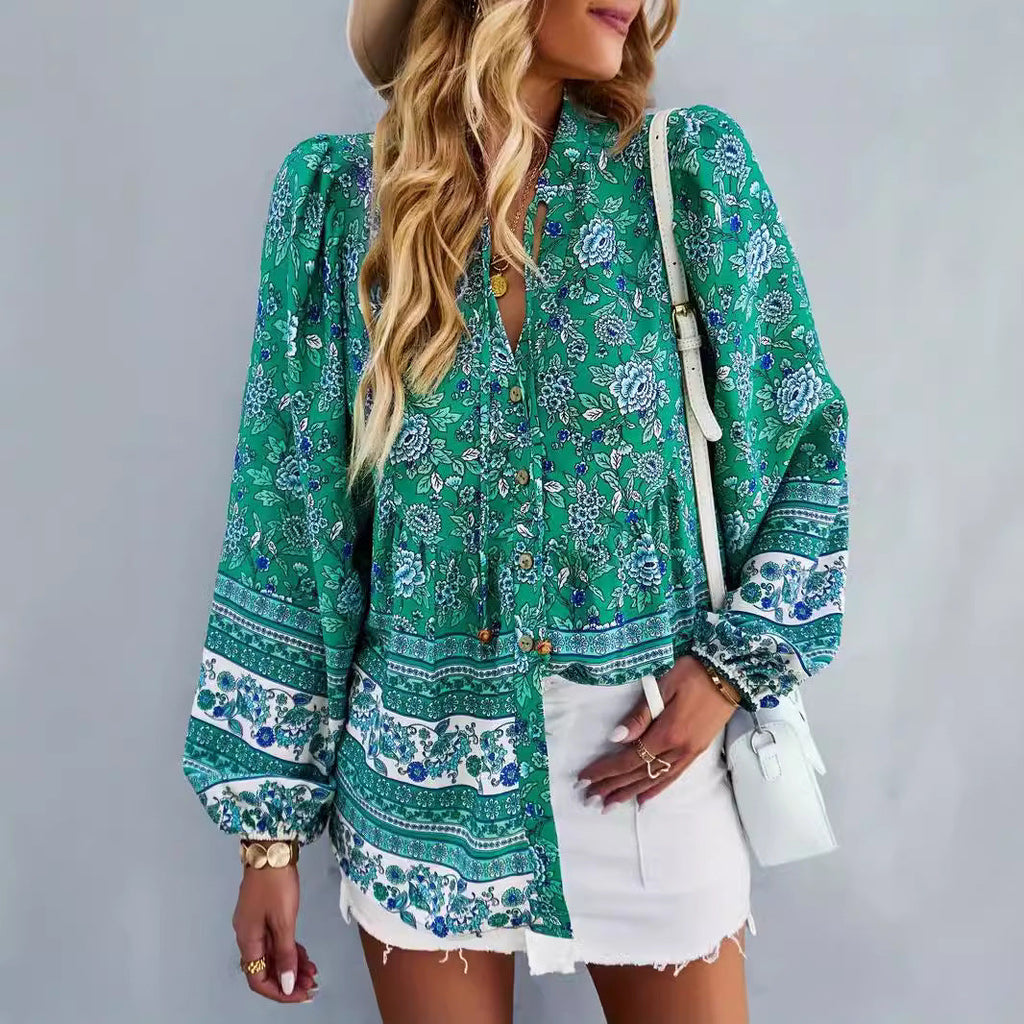 Women's Floral Blouse Top with Volant Sleeves