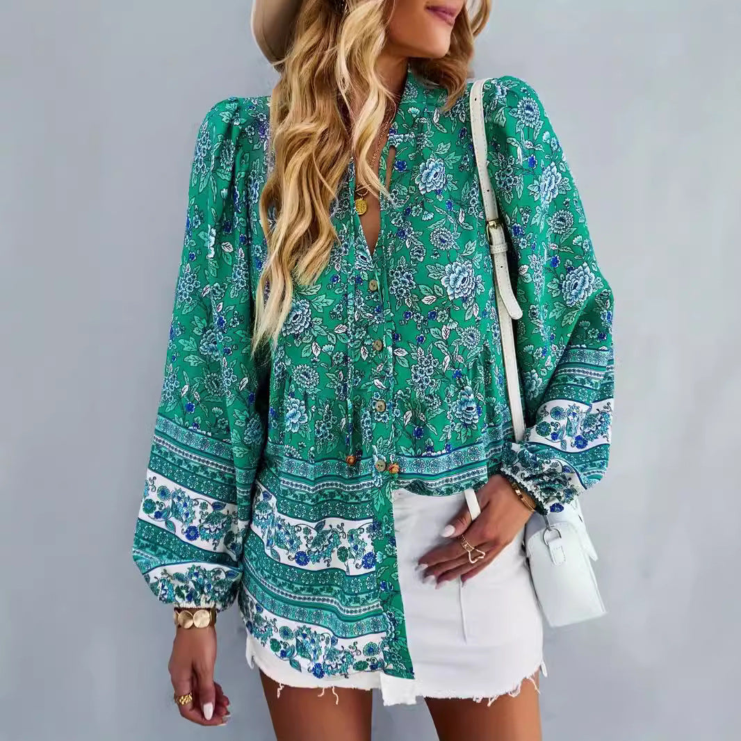 Women's Floral Blouse Top with Volant Sleeves
