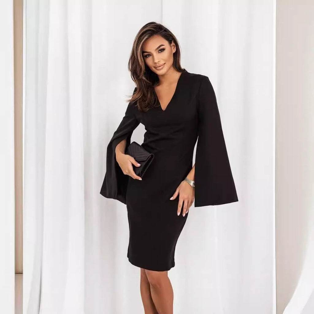 Women's Elegantly Cut Wrap Dress with Statement Trumpet Sleeves and V-Neck
