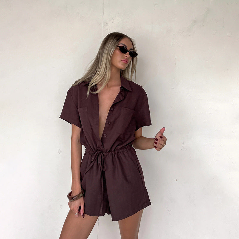 Women's Casual Short-Sleeve Jumpsuit with Waist Detail