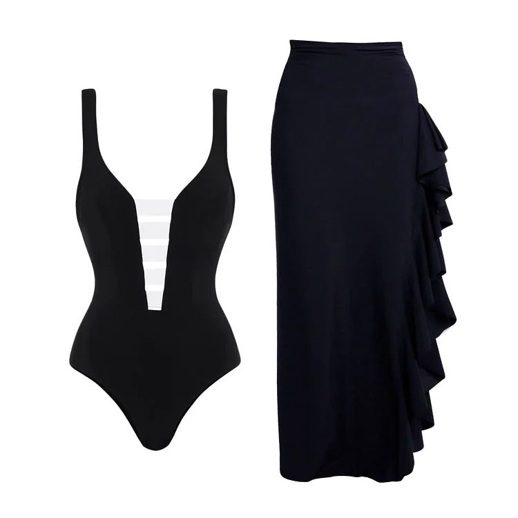 Women's Off-Shoulder Swimsuit with Ruffle Maxi Skirt