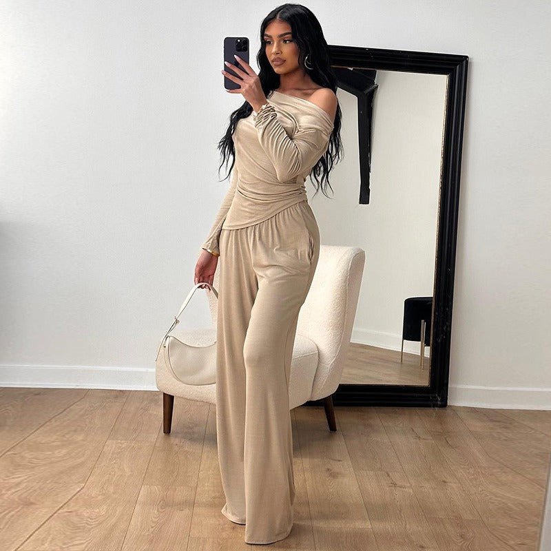 Women's Elegant Two-Piece Set in Flowing Material with Asymmetric Design