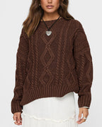 Women's Chunky Knit Sweater with Wave Pattern and Wide Cut