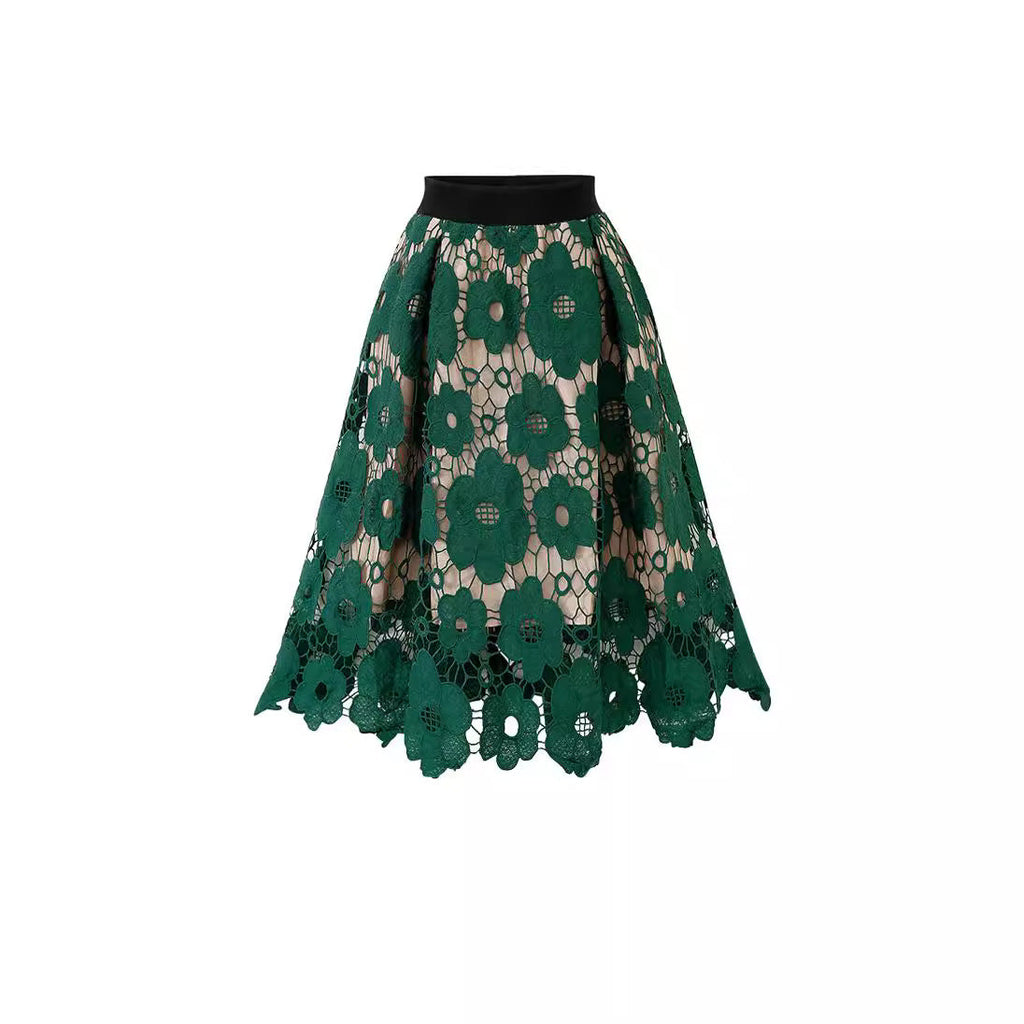 Flared Midi Skirt with Floral Lace Appliqué and Scalloped Hem