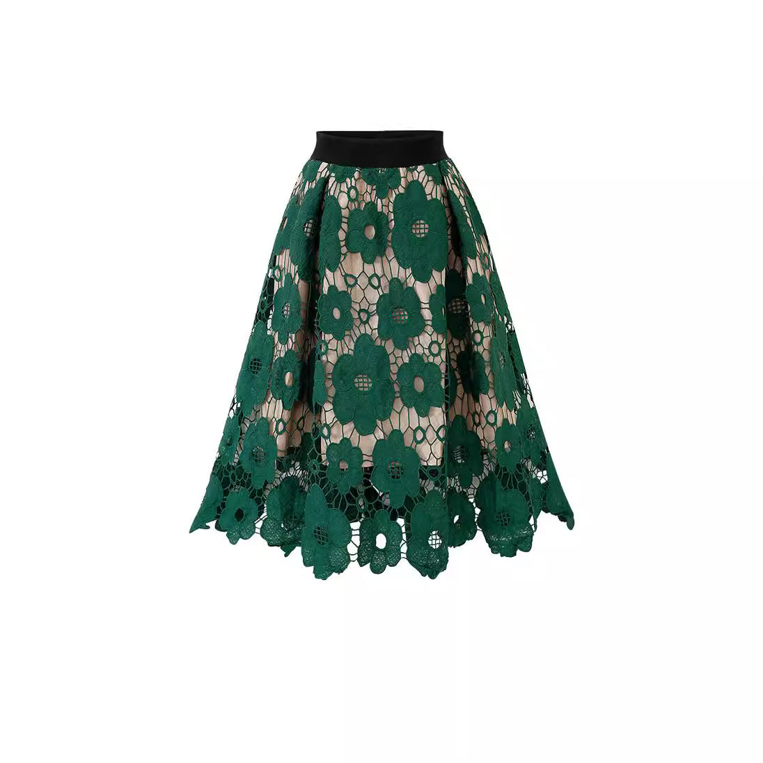 Flared Midi Skirt with Floral Lace Appliqué and Scalloped Hem