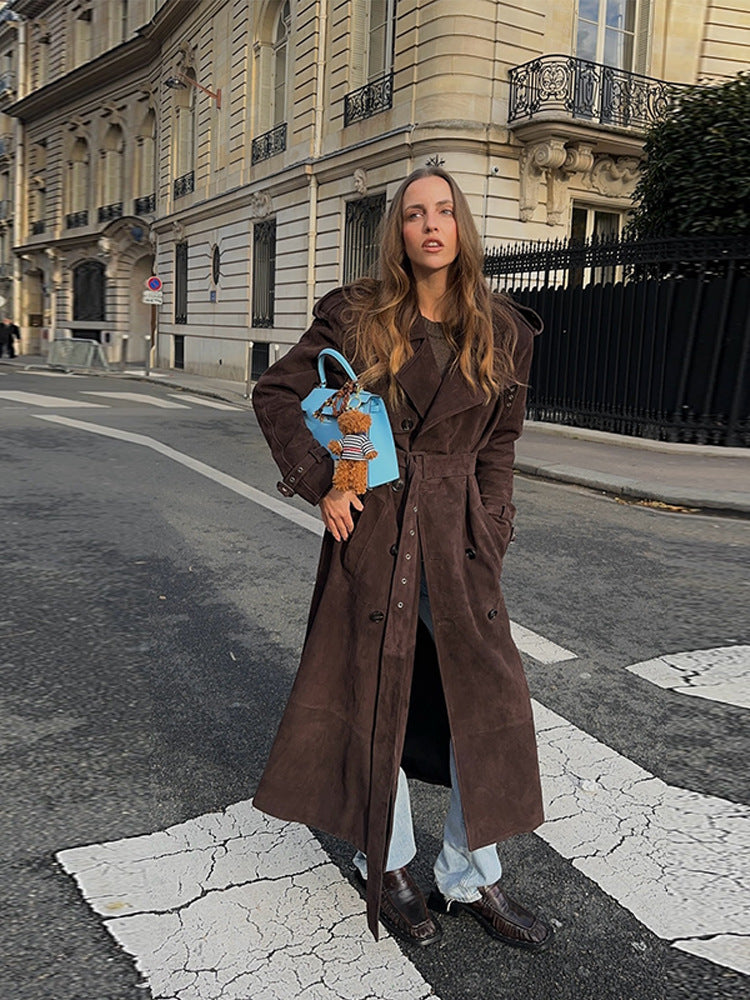 Women's Long Faux Suede Trench Coat with Fashionable Details