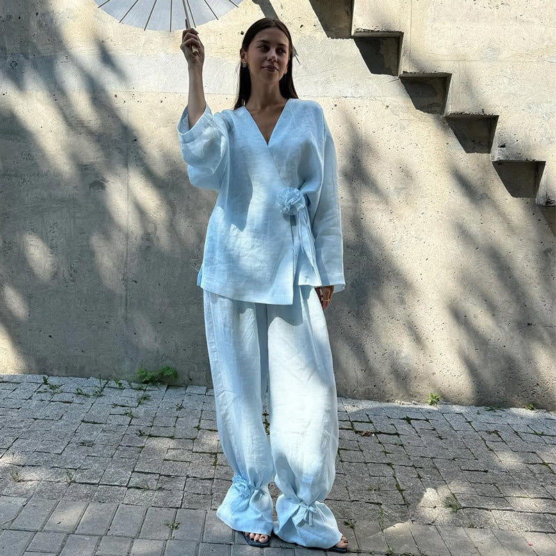 Women's Elegant Linen Suit with Refined Ruffles