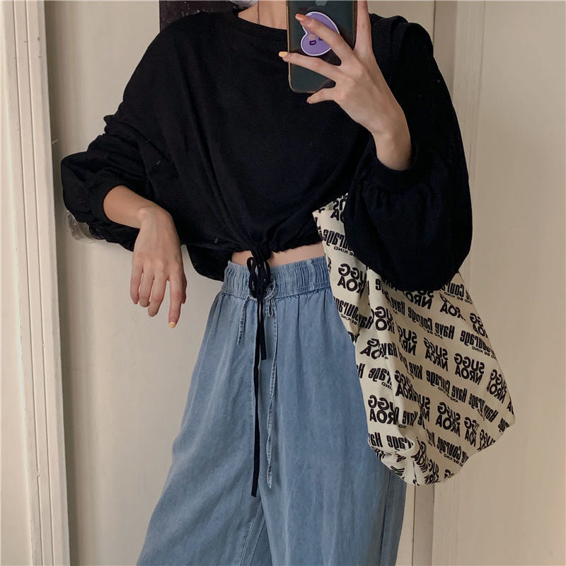 Women's Cropped Sweatshirt with Drawstring and Oversized Sleeves