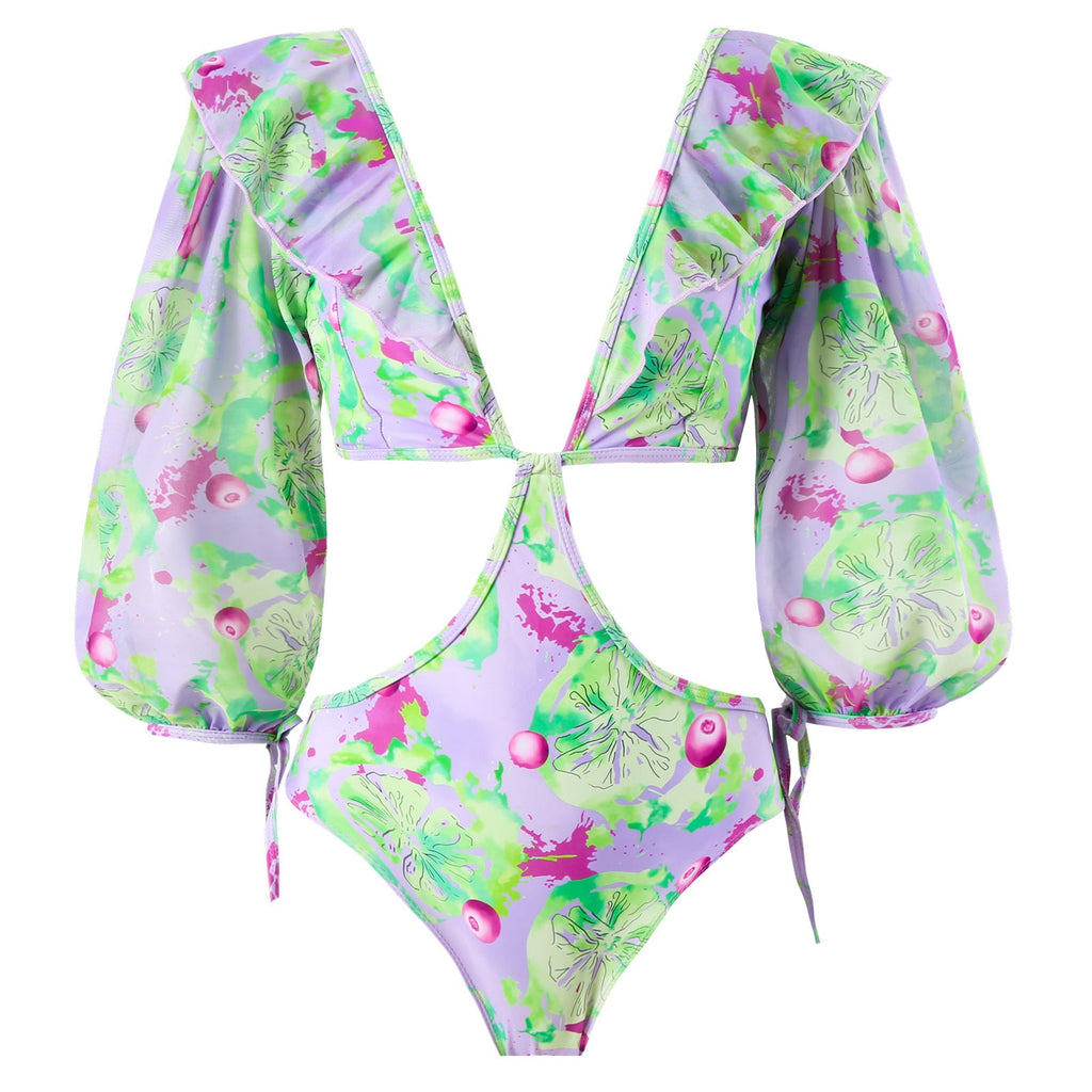 Women's Swimsuit Set with Voluminous Sleeves and Fashionable Wrap Skirt