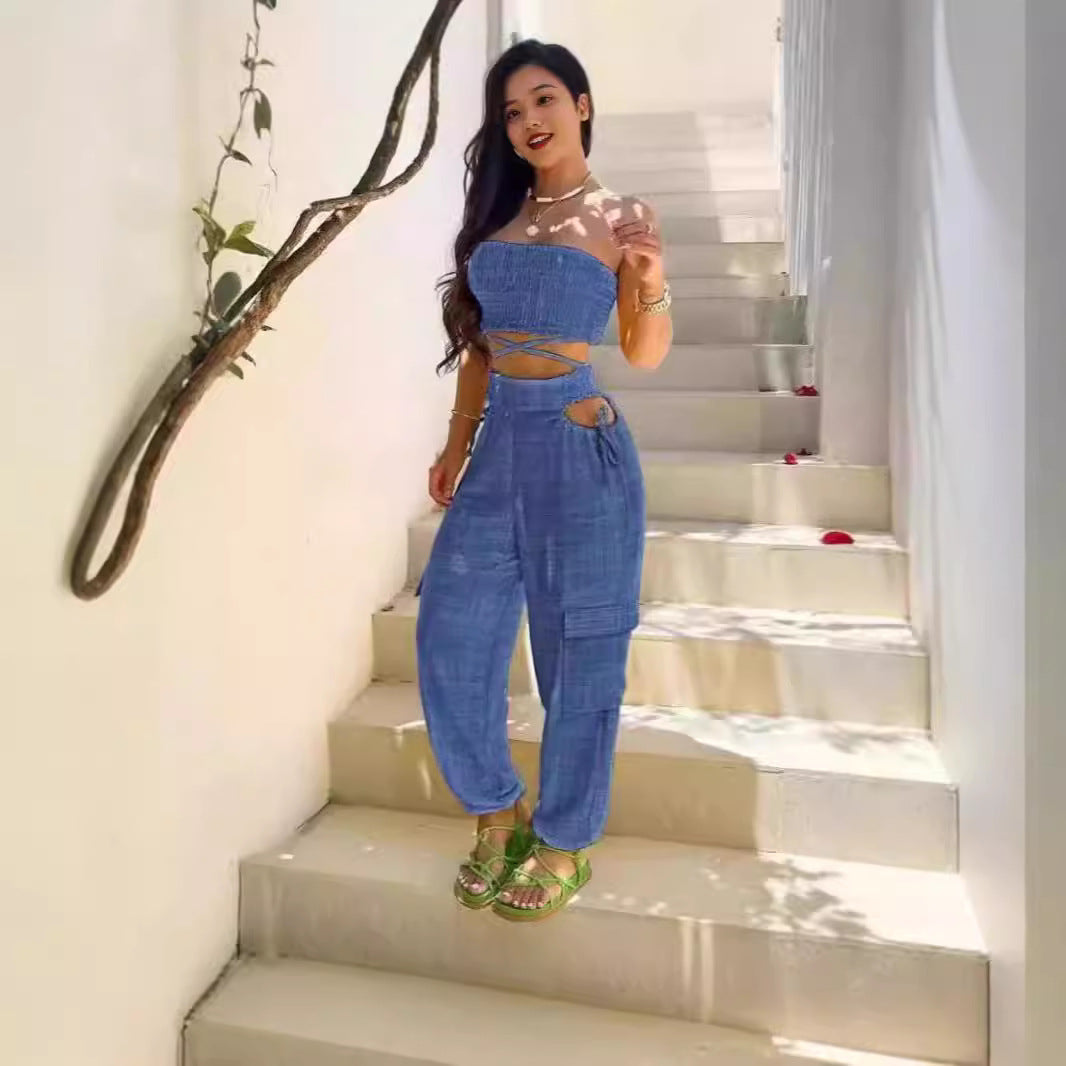 Women's Fashionable Two-Piece Set with Crop Top and Cargo Pants