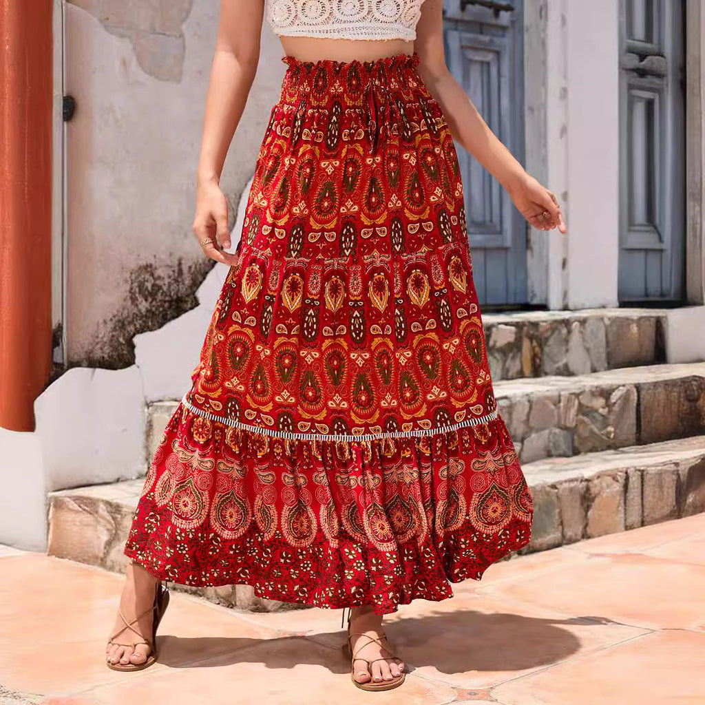 Women's Maxi Skirt with Playful Paisley Pattern and Ruffle Details
