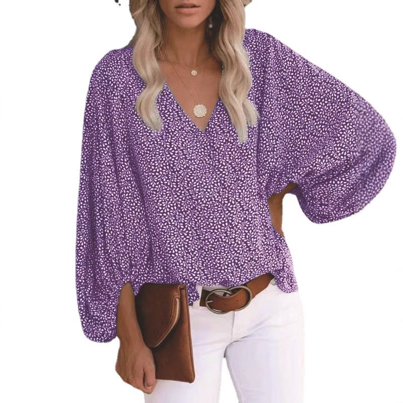 Women's Blouse with Wide Sleeves and Floral Pattern