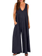 Women's Loose Jumpsuit with Deep V-Neck and Side Pockets
