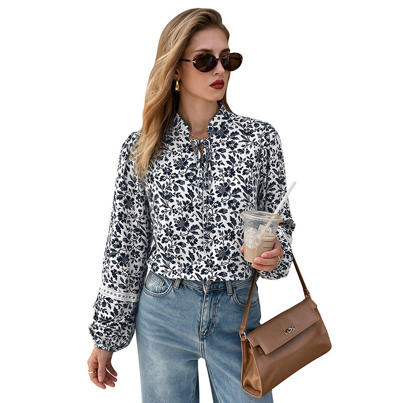 Floral Tunic Blouse with Tie Neck and Lace Details