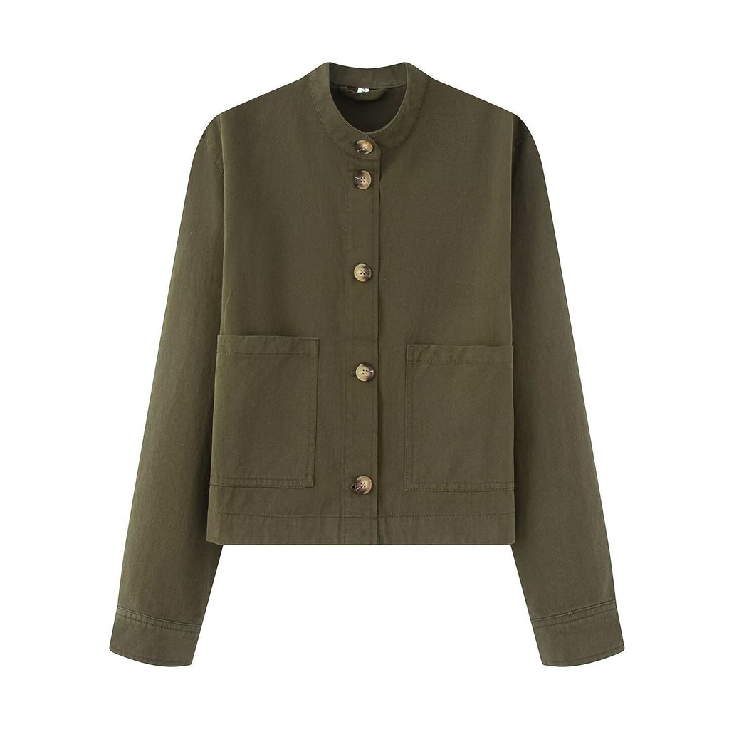 Women's Cotton Jacket with Button Placket and Pockets