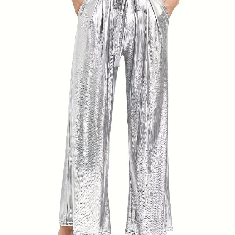 Women's Elegant Pleated Trousers with High-Gloss Finish