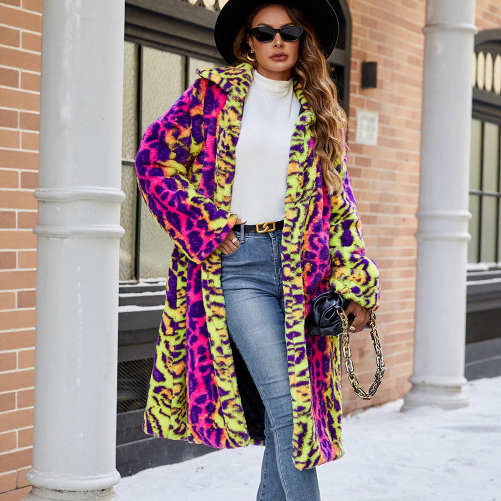 Women's Fluffy Faux Fur Coat in Bold Animal Print Mix