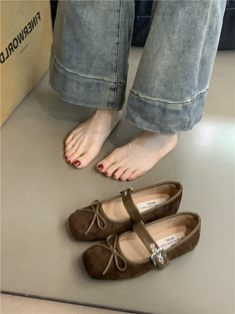 Women's Soft Suede Ballet Flats with Adjustable Strap and Decorative Bow