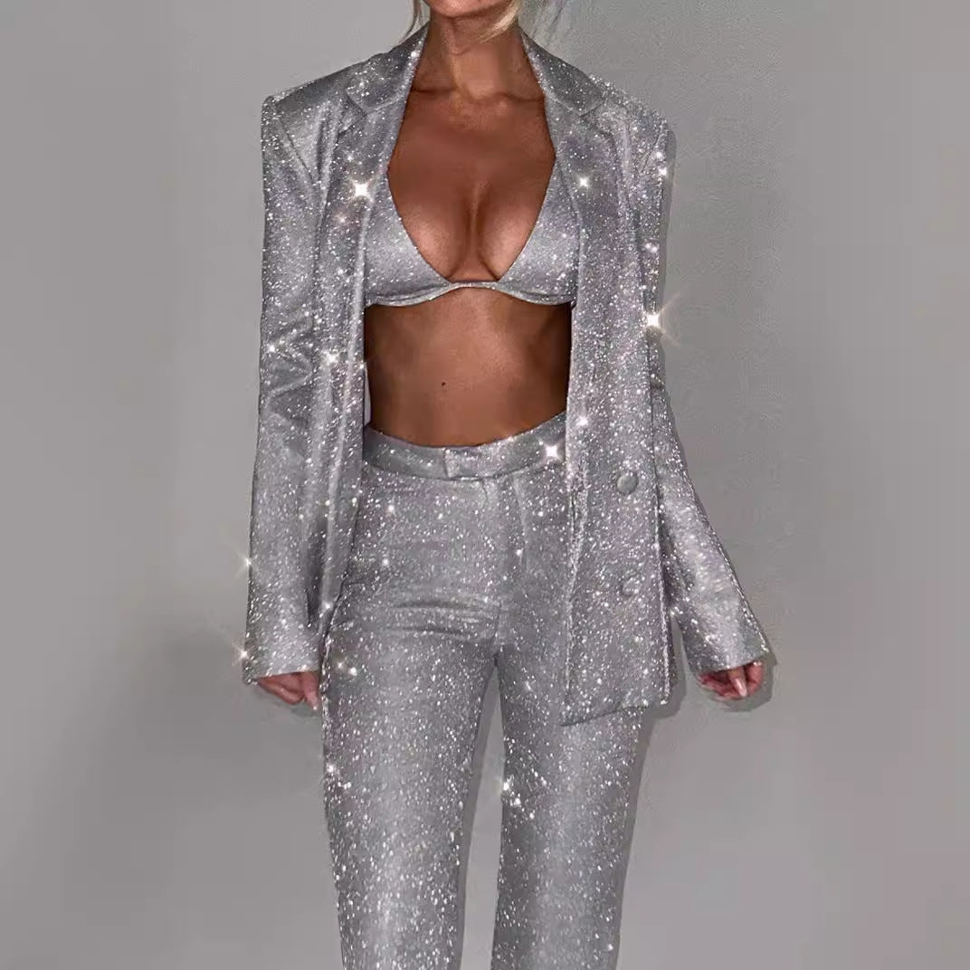 Glittering Suit Set with Crop Top and Flared Pants