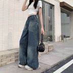 Women's High-Waisted Wide-Leg Jeans with Casual Fit and Unique Wash