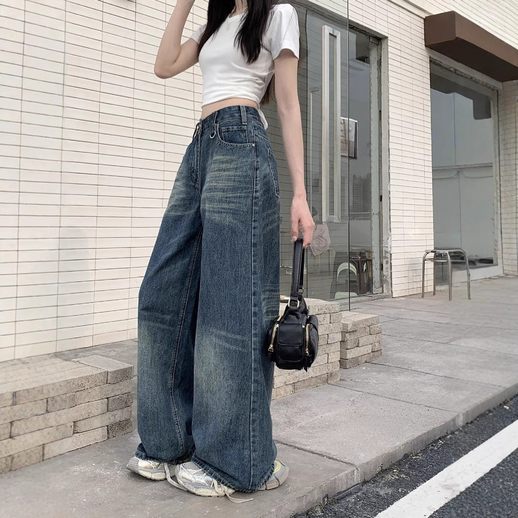 Women's High-Waisted Wide-Leg Jeans with Casual Fit and Unique Wash