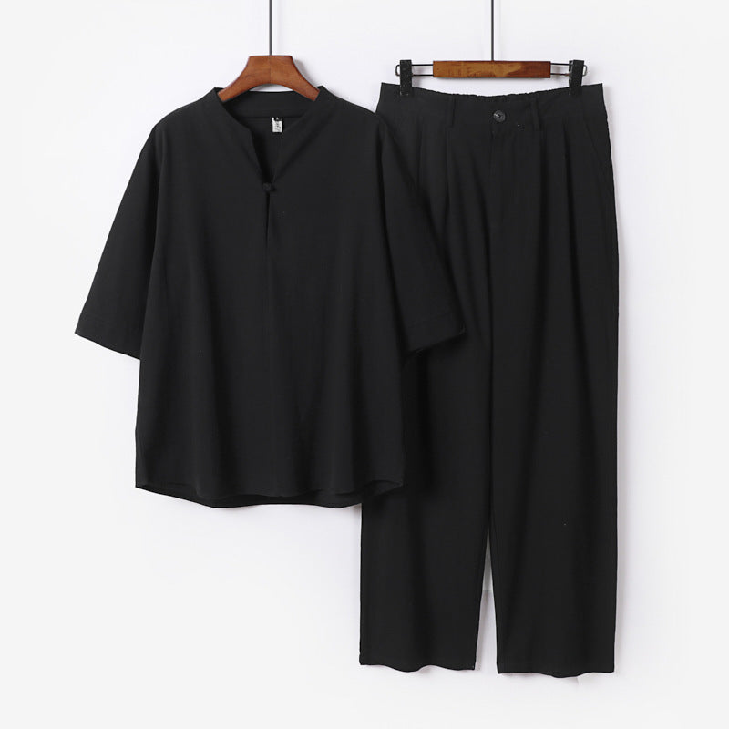Men's Two-Piece Lightweight Leisure Set with Stand Collar and Elastic Waist Pants