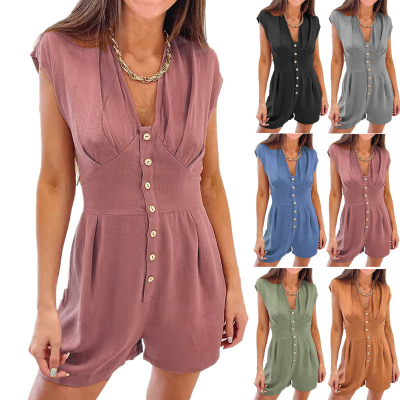 Women's Short Jumpsuit with Button-Front Bodice and Flared Cut