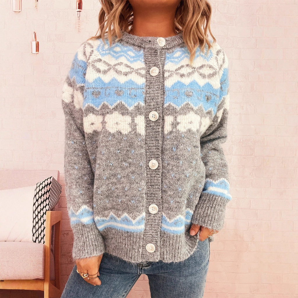 Women's Cozy Cardigan with Blue Patterns and Button Closure