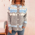 Women's Cozy Cardigan with Blue Patterns and Button Closure