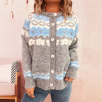 Women's Cozy Cardigan with Blue Patterns and Button Closure