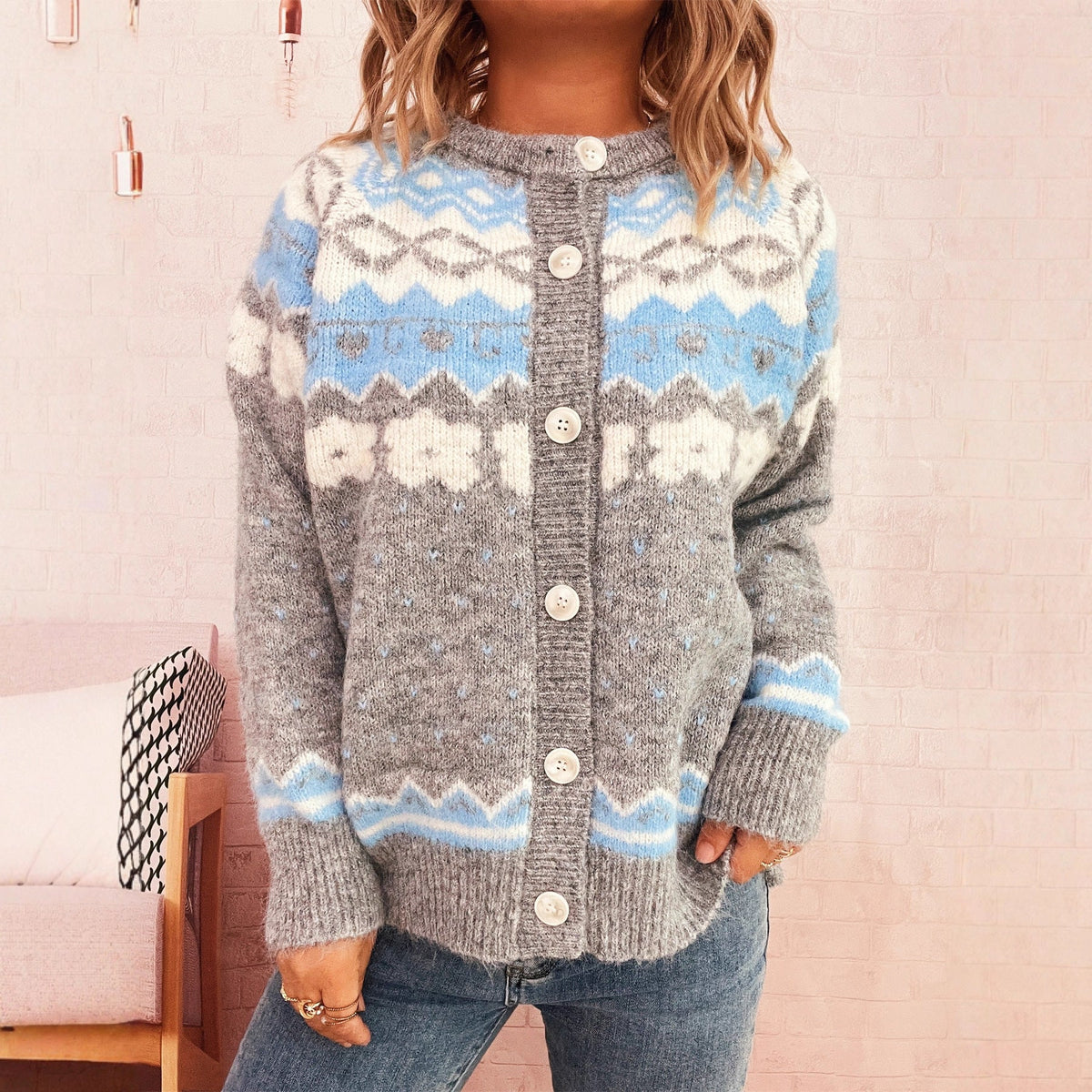 Women's Cozy Cardigan with Blue Patterns and Button Closure