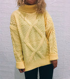 Women's Chunky Knit Sweater with Cable Pattern and High Collar