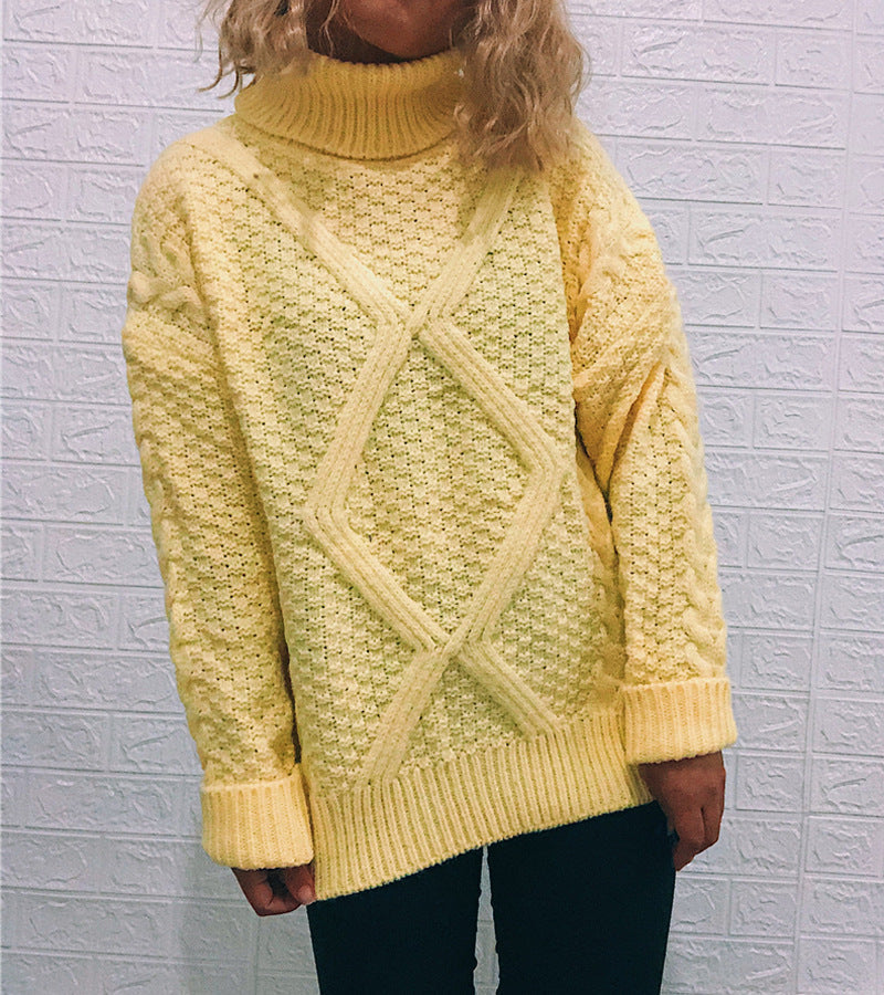 Women's Chunky Knit Sweater with Cable Pattern and High Collar