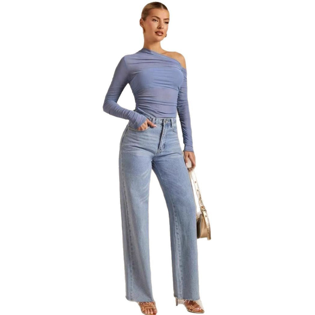 Women's Asymmetrical Long-Sleeve Bodysuit with Ruching