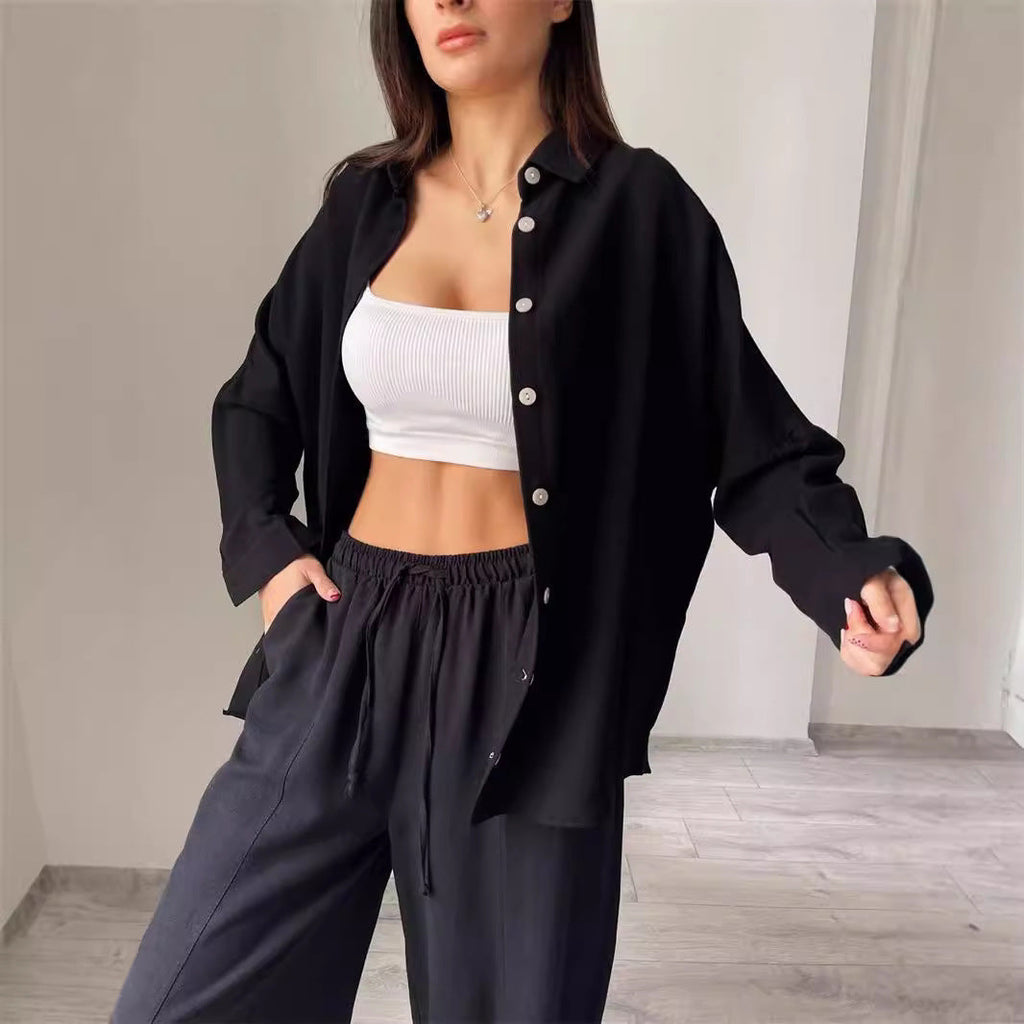 Women's Casual Two-Piece Set in Lightweight Fabric with Wide Blouse and Comfortable Pants