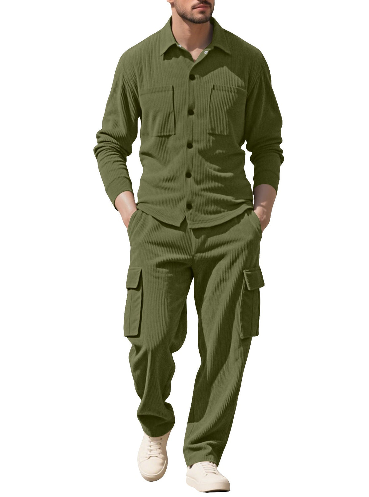 Men's Ribbed Worker Shirt and Cargo Pants Set
