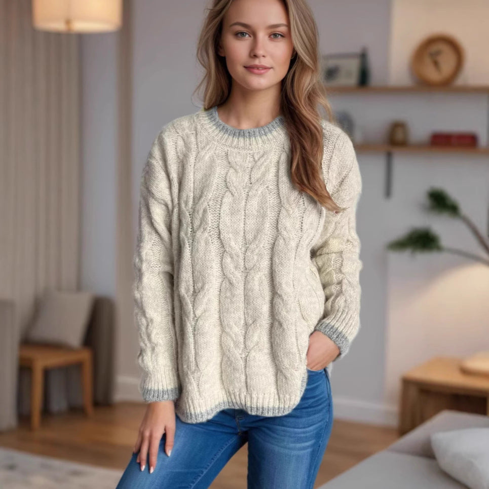 Women's Chunky Knit Sweater with Unique Cable Pattern and Relaxed Fit