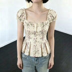 Women's Blouse with Floral Design and Ruffled Sleeves